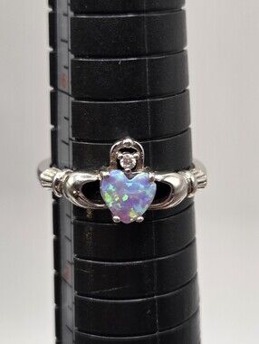 1703. 925 Silver Heart Claddagh Ring with Purple Opal Accent